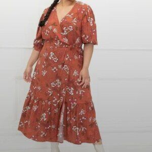 NEW! Eloquii Elements Wrap Dress Womens 22 Floral Midi V-Neck Elbow Sleeves 0209